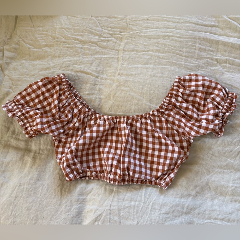Lykke Wullf Brown Gingham Puff Sleeve Crop Top